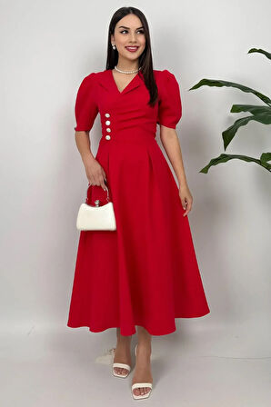 Bellagio Kadın Kırmızı Ceket Yaka Balon Kollu Düğme Detaylı Atlas Elbise