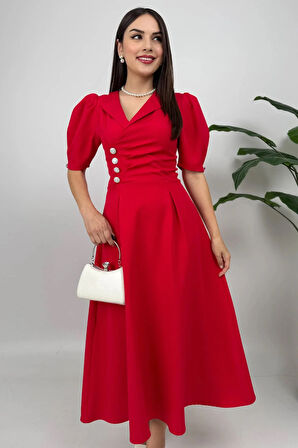 Bellagio Kadın Kırmızı Ceket Yaka Balon Kollu Düğme Detaylı Atlas Elbise