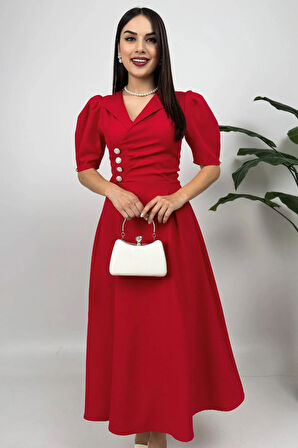 Bellagio Kadın Kırmızı Ceket Yaka Balon Kollu Düğme Detaylı Atlas Elbise