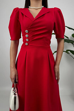 Bellagio Kadın Kırmızı Ceket Yaka Balon Kollu Düğme Detaylı Atlas Elbise