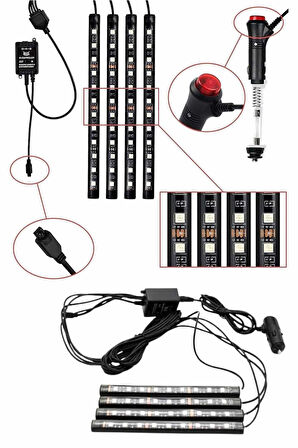 RGB Işıklı Araç İçi Aydınlatma Kumandalı 12'li Led Işık Renk Değiştirebilen