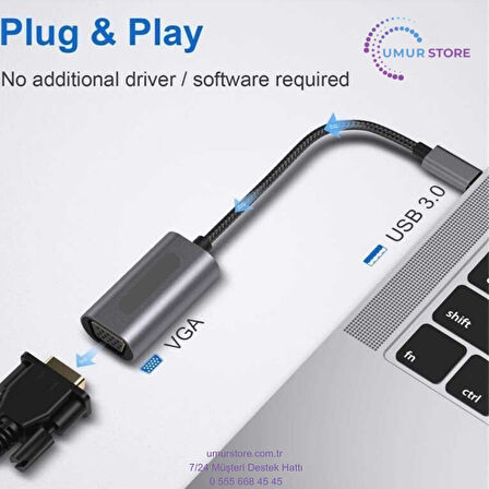 USB 3.0 To VGA Dönüştürücü 1080P Full Hd Görüntü Aktarım Kablosu Tak & Çalıştır