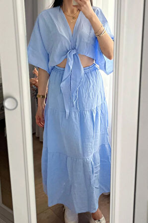 Marina Kadın Mavi Müslin Bağlamalı Bluz & Etek Takım – Rahat Yazlık Kombin
