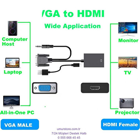 VGA HDMI Aktif Dönüştürücü VGA To HDMI Kablolu VGA Erkek HDMI Dişi VGA In HDMI Out Converter