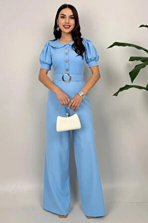 Firenze Kadın Mavi Düğmeli Kemer Detaylı Bol Paça Tulum – Zarif Akşam Şıklığı