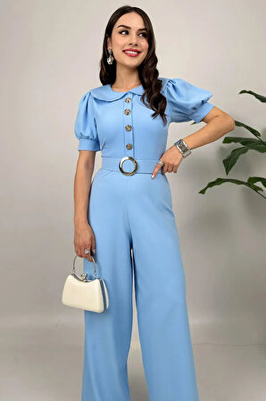 Firenze Kadın Mavi Düğmeli Kemer Detaylı Bol Paça Tulum – Zarif Akşam Şıklığı