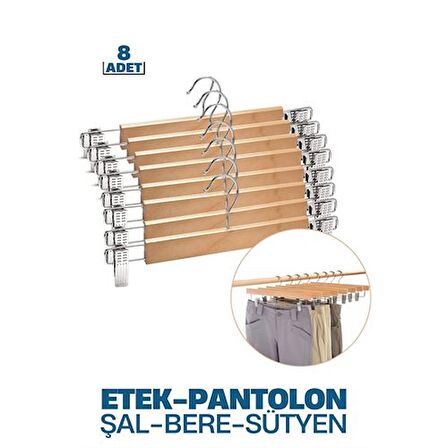 TransForMacion Etek Pantolon Eşarp Kıskaçlı Askı 8 Adet Ahşap 719305