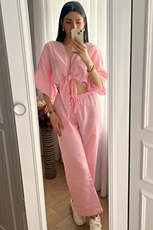 Primavera Kadın Pembe Müslin Bağlamalı Bluz & Bol Paça Pantalon Takım – Rahat Yazlık Kombin