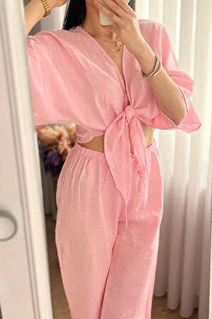 Primavera Kadın Pembe Müslin Bağlamalı Bluz & Bol Paça Pantalon Takım – Rahat Yazlık Kombin