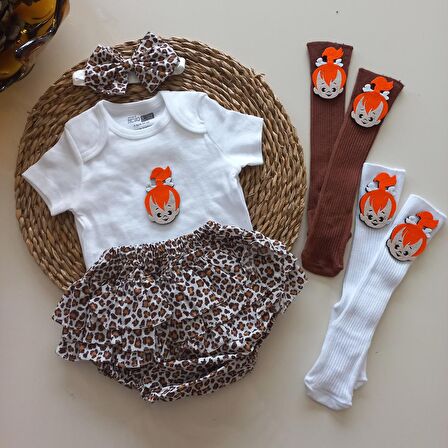 MARS BABY Kız Bebek Leopar Çakıl Fırfır Şort Etek Bodyli Bandana Çorap Takımı