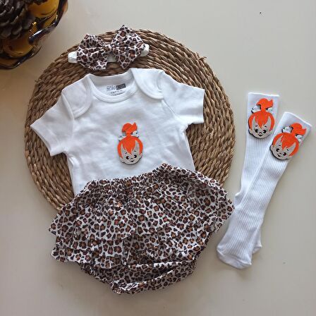 MARS BABY Kız Bebek Leopar Çakıl Fırfır Şort Etek Bodyli Bandana Çorap Takımı