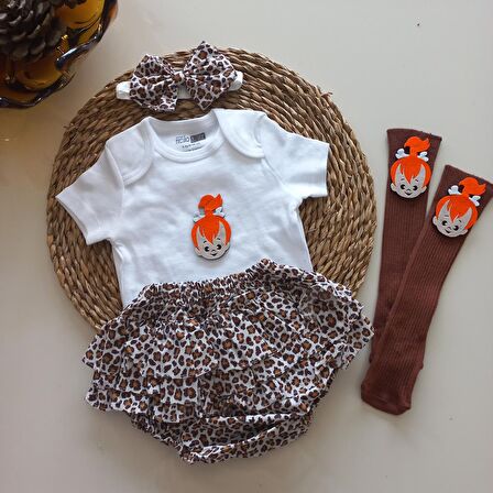 MARS BABY Kız Bebek Leopar Çakıl Fırfır Şort Etek Bodyli Bandana Çorap Takımı