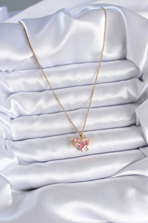 316L Çelik Gold Renk Zincir Pembe Kristal Kalpli Zirkon Taş Detay Kadın Kolye - TJ-BKO7757