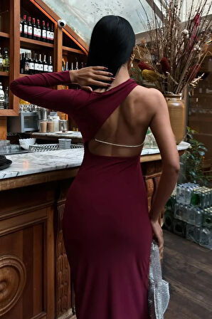 Éclipse Noir Elbise Kadın Tek Omuzlu Zincirli Maxi Bordo Elbise – Zarif Gece Kombini
