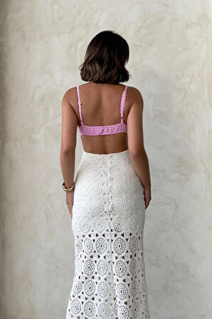 Rosetta Kadın Pembe Kot Detaylı Dantel Elbise – Zarif Yazlık Şıklık