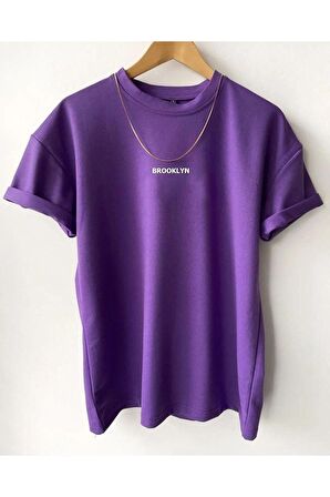 Unisex Mor Brooklyn Baskılı Oversize Tshirt