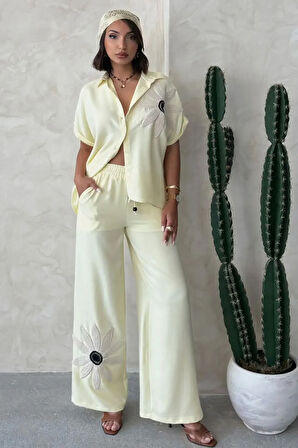 Daisy Dream Kadın Sarı Çiçek Aplike Gömlek & Bol Paça Pantolon Takım – Zarif Yazlık Kombin