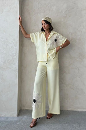 Daisy Dream Kadın Sarı Çiçek Aplike Gömlek & Bol Paça Pantolon Takım – Zarif Yazlık Kombin