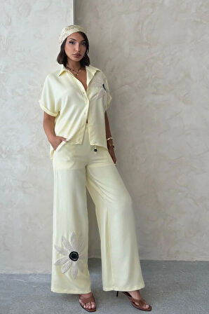 Daisy Dream Kadın Sarı Çiçek Aplike Gömlek & Bol Paça Pantolon Takım – Zarif Yazlık Kombin