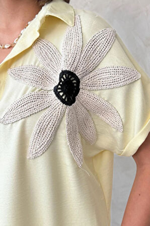 Daisy Dream Kadın Sarı Çiçek Aplike Gömlek & Bol Paça Pantolon Takım – Zarif Yazlık Kombin