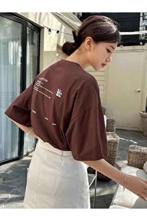 Kadın Kahverengi Life Sırt Baskılı Oversize Bisiklet Yaka T-shirt