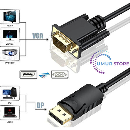 Display Port To VGA Kablo Display VGA Dp To VGA 1.8m Displayport Erkek VGA Erkek Kablo 1.8 Metre Çevirici Dönüştürücü