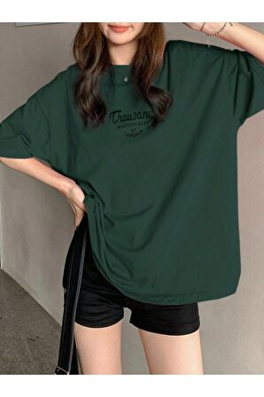 Kadın Yeşil Thousand Baskılı Oversize T-shirt
