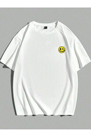 Kadın Beyaz Papatya Baskılı Bisiklet Yaka T-shirt