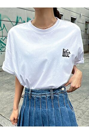 Kadın Beyaz Life Sırt Baskılı Oversize Bisiklet Yaka T-shirt