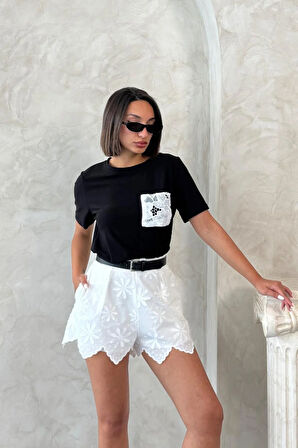 Verona Kadın Siyah Cepli Tişört & Beyaz Nakışlı Şort Takım – Şık Yazlık Kombin