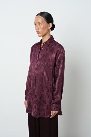 Kadın Bordo Renk Karışık Desenli Oversize Kesim Gömlek