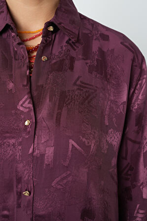Kadın Bordo Renk Karışık Desenli Oversize Kesim Gömlek