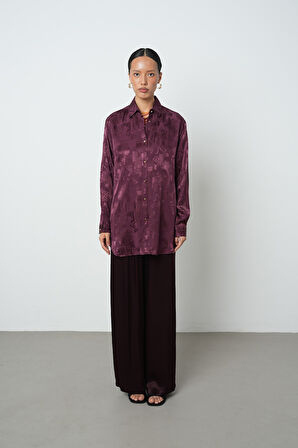 Kadın Bordo Renk Karışık Desenli Oversize Kesim Gömlek