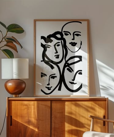 Çerçevesiz Poster Soyut Yüz Çizimleri Minimalist