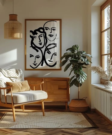 Çerçevesiz Poster Soyut Yüz Çizimleri Minimalist