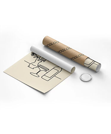 Çerçevesiz Poster Şarap Şişesi ve Çiçek Vazosu Line Art