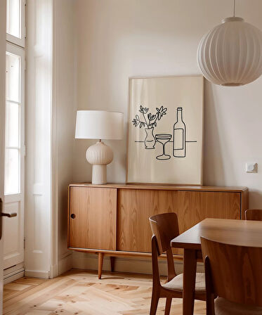 Çerçevesiz Poster Şarap Şişesi ve Çiçek Vazosu Line Art