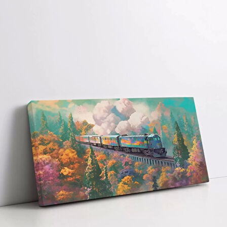 Pembe Çiçekler ve Tren Panoramik Yatay Kanvas Tablo