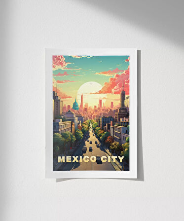 Çerçevesiz Poster Mexico City Gün Batımı ve Şehir Silüeti