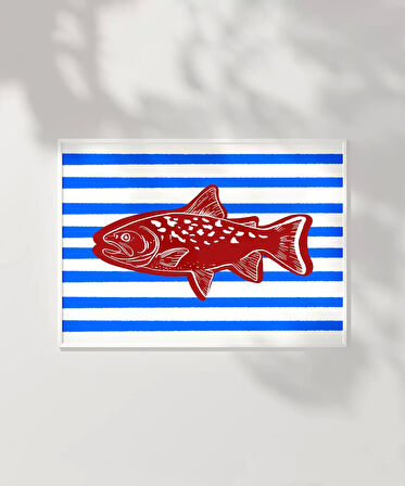 Çerçevesiz Poster Kırmızı Balık Mavi Çizgiler