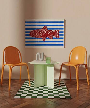 Çerçevesiz Poster Kırmızı Balık Mavi Çizgiler