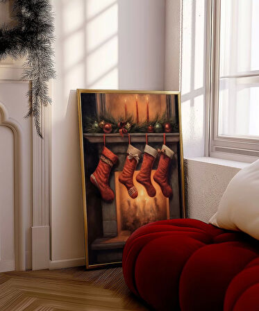 Çerçevesiz Poster Şömine ve Noel Çorapları