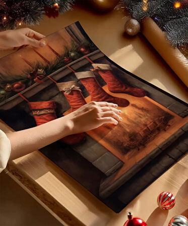 Çerçevesiz Poster Şömine ve Noel Çorapları