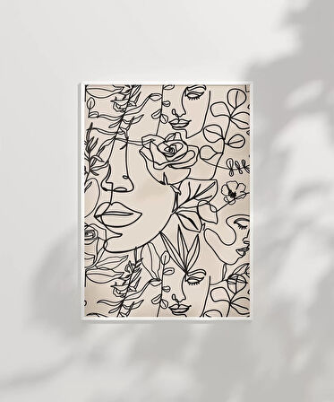 Çerçevesiz Poster Floral Line Art Yüz İllüstrasyonu