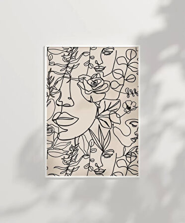 Çerçevesiz Poster Floral Line Art Yüz İllüstrasyonu