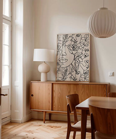 Çerçevesiz Poster Floral Line Art Yüz İllüstrasyonu