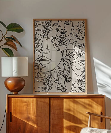 Çerçevesiz Poster Floral Line Art Yüz İllüstrasyonu