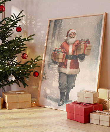 Çerçevesiz Poster Noel Baba ve Hediye Sepeti