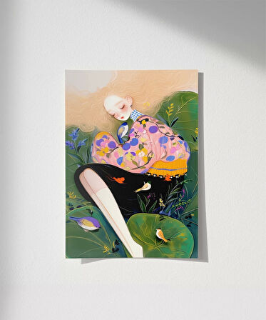 Çerçevesiz Poster Çiçekler ve Kuşlarla Bütünlük