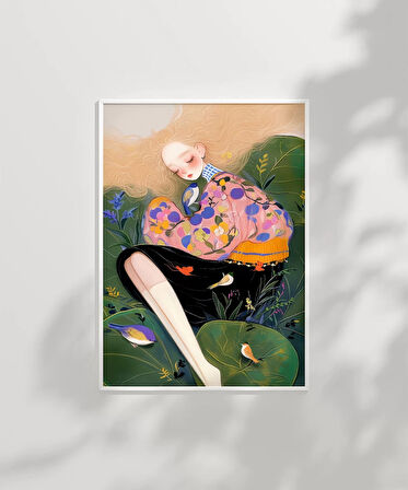 Çerçevesiz Poster Çiçekler ve Kuşlarla Bütünlük